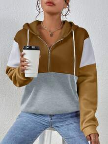 SHEIN LUNE 女士休闲撞色拉链半拉链卫衣，秋冬款 - 咖啡棕 - 查看 1