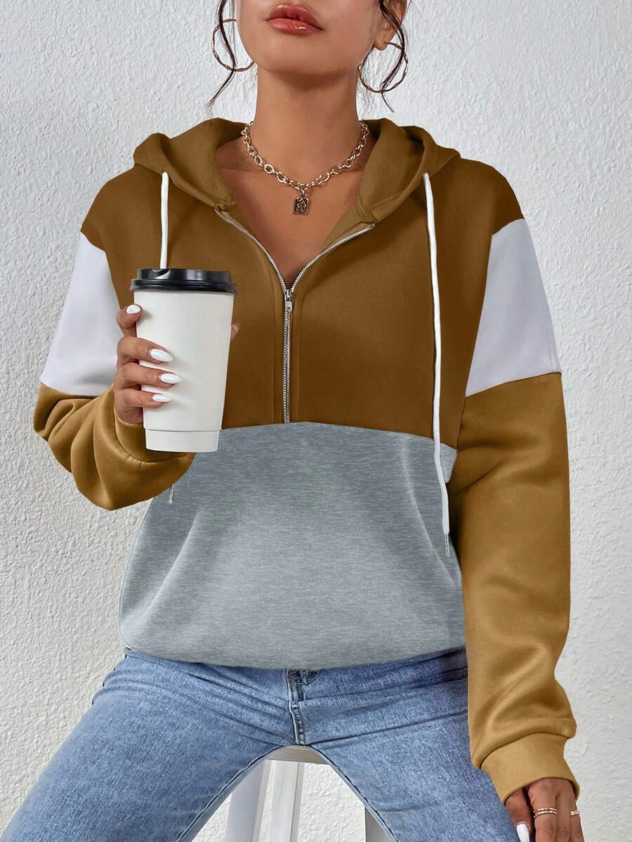 SHEIN LUNE 女士休闲撞色拉链半拉链卫衣，秋冬款 - 咖啡棕 - 查看 1