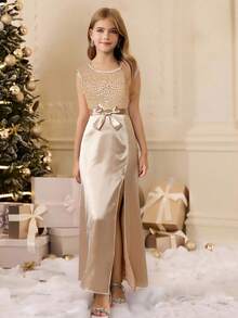 Vestido largo con cuello cuadrado y ajuste en la cintura con adornos de lentejuelas, tela de satén, elegante, adecuado para graduación, baile de graduación, invitado de boda, fiesta de Navidad