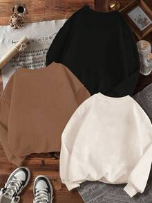 SHEIN Leap Crew 3件套复古奶油白、黑色、卡其色豹纹爱心、豹纹蝴蝶结、字母图案少女休闲宽松圆领舒适长袖卫衣，适合秋冬季穿着 - 彩色 - 查看 2
