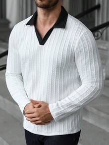 Manfinity CasualCool 1 pièce Polo à manches longues col en V avec bordure contrastée, décontracté pour homme, convient pour le printemps et l'automne, pour le golf. Chemise de luxe texturée noir et blanc