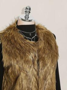 SHEIN ICON Plus Size Vintage Brown Faux Fur Sleeveless Jacket, Autumn/Winter Fur Vest Coat Women Western Vest Fur Coat Women - Camel - View 9