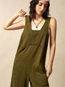 Bohemela 女式夏季休闲纯色针织插袋阔腿宽松连体裤，适合复活节和音乐节波西米亚风格 - 軍綠色 - 查看 2