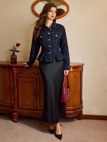 Vintamour 女士修身牛仔外套，四季皆宜，适合圣诞节、新年、感恩节等各种场合，优雅派对外套，金色纽扣细节和修身腰线设计，尽显女性曲线。 - 深色水洗藍 - 查看 4