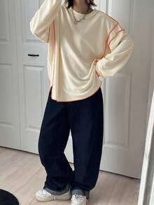 FRIFUL Women's Casual Loose Fit Round Neck Drop Shoulder Long Sleeve T-Shirt - Apricot - View 2