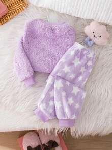 女婴可爱休闲紫色毛绒卡通图案长袖睡衣套装