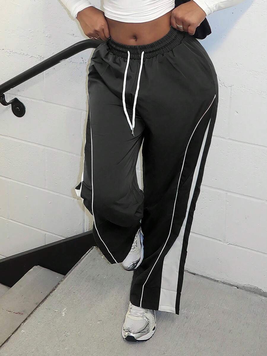 Alexandranx Women's Drawstring Waist Two-Tone Casual Sports Pants With Side Pockets - Black - View 1