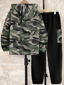 2pcs/Set Teens' New Thick Camo Hooded Half-Zip Sweatshirt And Camo Cargo Jogger Pants Casual Sports Outfit, Winter - Multicolor - View 2
