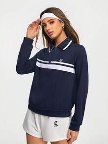 Eassivo Eassivo 女士条纹长袖拉链休闲健身运动Polo衫