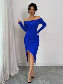 Elenzga Women's Open Shoulder Long Sleeve Ruched High Slit Pearl Design Bodycon Dress For New Year Clothes - Royal Blue - View 7