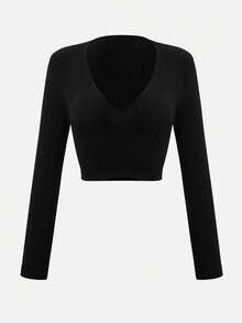 SuitURBody 1 pieza Camiseta negra corta de mujer con cuello en V profundo y manga larga sin costuras, camiseta básica versátil para todas las estaciones - Negro - Ver 4