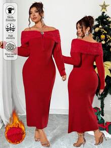 Cravure Damen Kleid in Große Größen, luxuriöser roter Einsschulter-Fake-Fellkragen, hochelastisches figurbetontes Midi-Pulloverkleid, Schleifenkragen, Metallknöpfe, elegantes Damenkleid, geeignet für Silvesterparty, Weihnachten, Halloween-Party, Büromode - Rot - Übersicht 10