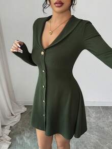 Selianne Women's Autumn New Knitted Long Sleeve Sexy Ribbed Dress - Dark Green - View 6