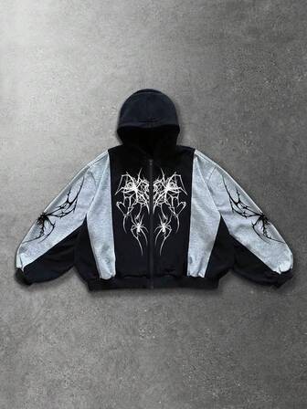 Sudadera con capucha de ajuste holgado con estampado de araña de color contrastante y parches para hombre