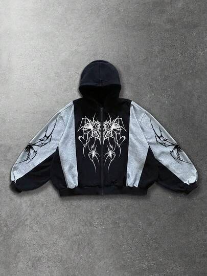 Street Life Sudadera con capucha de ajuste holgado con estampado de araña de color contrastante y parches para hombre
