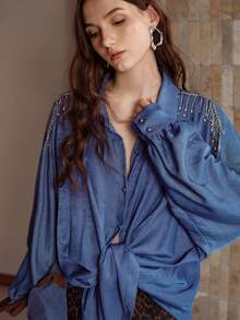 MOTF PREMIUM Áo cánh dơi tay cánh dơi trang trí tua rua đính đá - Màu xanh lam - Xem 5