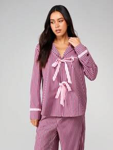 MISSGUIDED 条纹长袖睡衣套装，前系带设计，居家休闲舒适 - 粉色 - 查看 3
