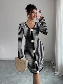 Rafferiza French Retro Vacation Casual Chic Minimalist Daily Versatile Spring Autumn Winter Women's Long Sleeve V-Neck 3D Floral Hand-Knitted Contrast Color Black & White Striped Flared Sleeve Midi Sweater Dress - Black and White - View 4