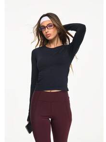 Eassivo Eassivo 女式纯色圆领长袖休闲健身运动T恤 - 黑色 - 查看 7