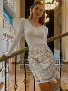 Livesso Sequin Mini Skirt, Elegant For New Year, Christmas, Party, Wedding, Banquet, Autumn/Winter Carnival - Silver - View 6