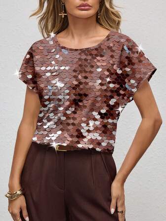 Shutterstock Glamance Brown Glitter Sequin Casual Minimalist Women Round Neck Blouse, Shiny Party Top, New Year Sequin Top Women Metallic Sparkle Top Glittery Top