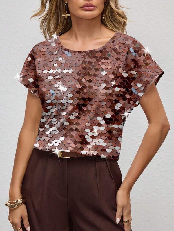 Shutterstock Glamance Brown Glitter Sequin Casual Minimalist Women Round Neck Blouse, Shiny Party Top, New Year Sequin Top Women Metallic Sparkle Top Glittery Top