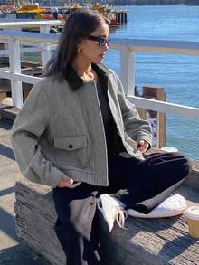 DAZY Women's Herringbone Splice Contrast Collar Woolen Coat Y2k - Black - View 4