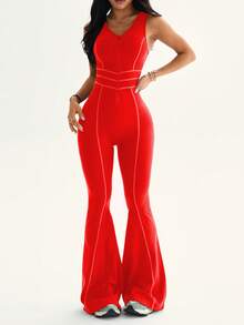 Dewbera 1pc Women's Front Zipper V-Neck Striped Drawstring Waist Backless Sleeveless Gymnastics Dance Yoga Workout Jumpsuit Bodycon Jumpsuit - Red - View 3