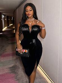 Slaydiva فستان ميني مشدود مزخرف بالفرو المزيف بياقة على شكل حرف V بدون أكمام، مناسب للحفلات والنوادي الليلية والعطلات والنوادي والبارات وأحداث المساء