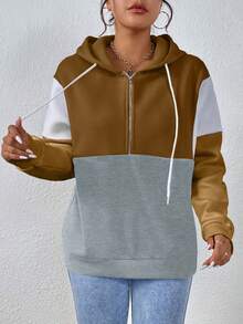 SHEIN LUNE 女士休闲撞色拉链半拉链卫衣，秋冬款 - 咖啡棕 - 查看 4