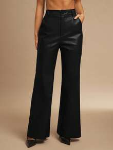 Silquee Pantalones anchos de mujer con bolsillos en diagonal de piel sintética - Negro - Ver 3