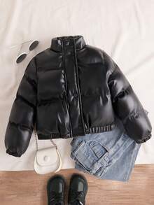 女童休闲保暖立领拉链羽绒服，秋冬季 - 黑色 - 查看 4