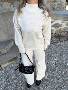 Jeta Ari 2pcs Elderly Women Casual Comfortable Loose Knit Sweater And High Waist Elastic Pants Set, Autumn/Winter, Fall And Winter, Casual, White, Longsleeve,Women's Fall Clothes - Apricot - View 3