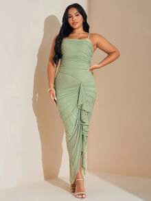 SHEIN Tall CURVE Plus Size Women Solid Color Ruched Patchwork Ruffle Hem Fitted Elegant Camisole Dress - Green - View 4