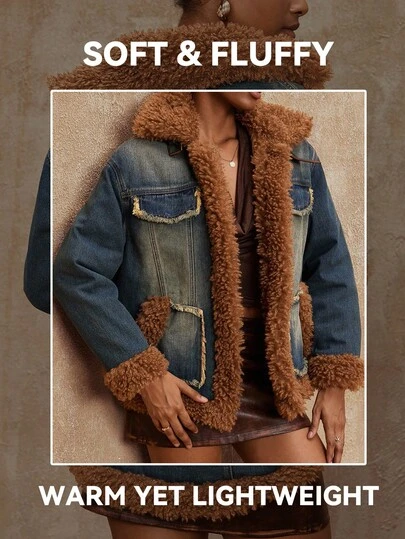 SHEIN Privé VITNOS Women's Faux Fur Collar Long Sleeve Frayed Design Loose Casual Fashion Denim Jacket, Fall New Style, Autumn, Everyday Business Casual, Winter, Casual Elegant, Chic Autumn, Weekend Holiday Vacation, Gala Night, Autumn Winter Work Style, Fashionable This Winter, New Year's, Birthday Gift, Luxury Coats For Winter, Suitable For Dates, Going Out, Night Out, Weddings, Holiday, Vacation, Birthday, Work And Commute