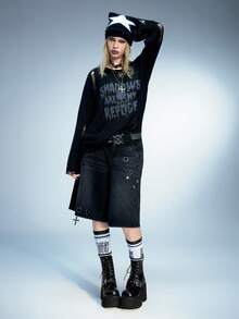 Sugerpunk Gothic Punk Style Platform Ankle Boots For Women, Round Toe Thick Heel Ankle Boots With Metal Rivet Buckle Strap Decor, Comfortable Back Zipper Lace-Up Chunky Heel Booties For Party - Black - View 2