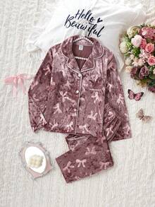 Set Musim Dingin 2pcs/Set Cardigan Lengan Panjang dan Celana Motif Bunga Pita Beludru Lucu, Pakaian Santai Nyaman untuk Anak Perempuan - MultiWarna - View 3