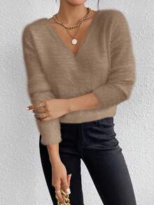 LanaWest White V-Neck Casual Soft Knit Sweater, Long Sleeve Pullover Top, Autumn/Winter - Khaki - View 5
