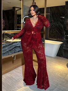 NU&NOW Conjunto de 2 piezas de top de manga larga y pantalones con adorno de encaje, talla grande y sexy - Rojo - Ver 2