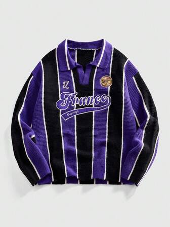 Prep Suéter de punto con cuello inspirado en el fútbol retro, estilo streetwear para hombres