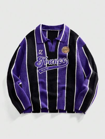 Prep Suéter de punto con cuello inspirado en el fútbol retro, estilo streetwear para hombres