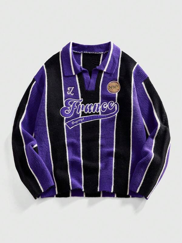 ROMWE MEN Prep 男士复古足球风翻领针织衫，街头潮流风格