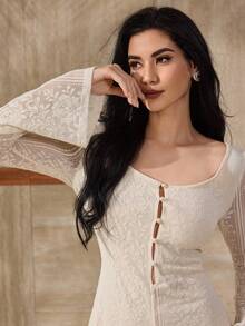 Modelyn Women's Sexy Lace Off Shoulder Cinched Waist A-Line Long Sleeve Dress, Autumn - Apricot - View 5