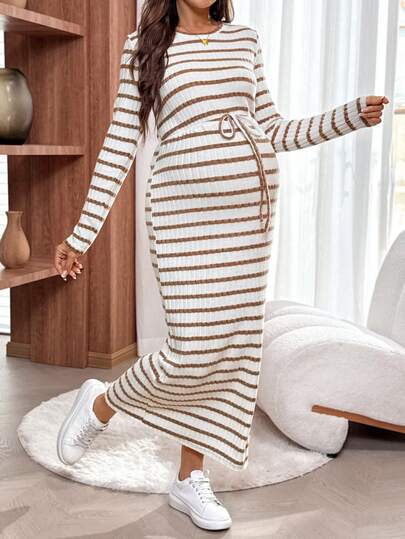 SHEIN Maternity Striped Round Neck Long Sleeve Tie-Waist Fitted Casual Dress