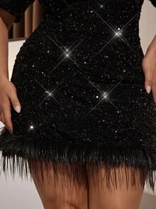 SHEIN BAE Plus Size Women Black Sequin Embellished Short Sleeve Dress,Winter Dress Women,One-Piece Dress Ladies Autumn Winter,Elegant Party Dresses,Formal Dresses For Women,Wedding Dress,Fall Clothes Plus Size,Plus Size Woman Dresses,Dresses For Ladies Summer,Birthday Outfits For Women, Black Sparkly Dress, Sequin Dress,Valentine's Day,Valentine Outfits For Women - Black - View 7