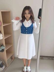 Elladie kids 2pcs Tween Girls Denim Outfit - Denim Vest And Long Sleeve White Shirt Dress - Multicolor - View 1