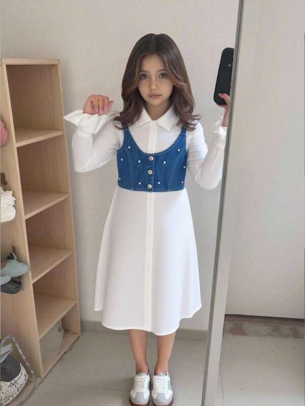 Elladie kids 2pcs Tween Girls Denim Outfit - Denim Vest And Long Sleeve White Shirt Dress