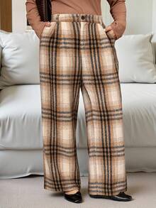 Flirla Plus Size Women Elegant Khaki Plaid Slant Pocket Straight Leg Pants, Autumn/Winter Plaid Pants Pattern Pants Western Pants Checkered Pants - Khaki - View 3