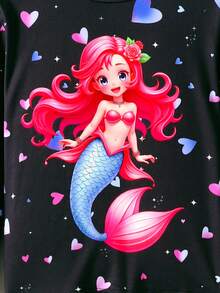 SHEIN Tween Girl Casual Comfortable Round Neck Glow-In-The-Dark Mermaid Cartoon Print T-Shirt And Pants Pajama Set - Multicolor - View 4