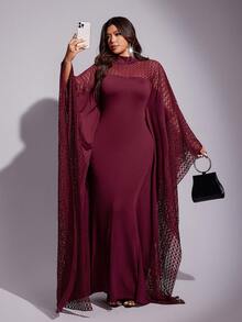 Viva Relle Women Summer Elegant Lace-Patterned Patchwork Bell Sleeve Dress For Burgundy,Winter,Wedding,Christmas,New Year's,Valentine's Day,Parties, Fall - Red - View 2